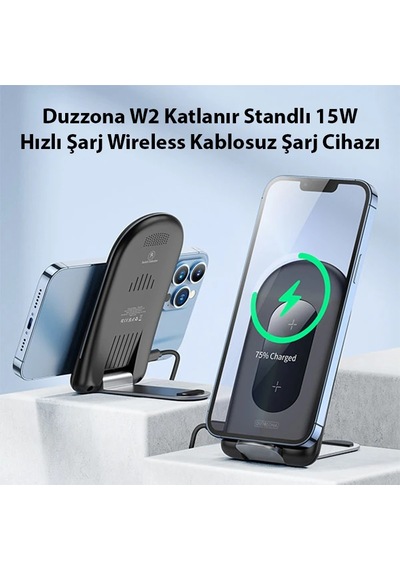 Duzzona W2 Katlanır Standlı 15w Hızlı Şarj Wireless Kablosuz Şarj Cihazı- 5775 Siyah