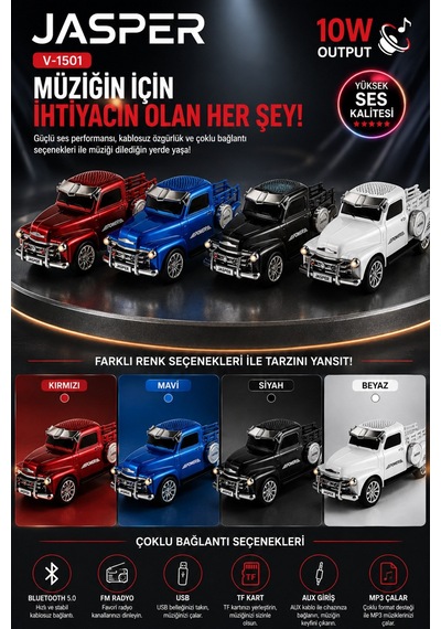 Jasper Jpr-1501 Beyaz 10w Bluetooth Hoparlörlü Retro Kamyon Tasarım Fm Radyo, Usb, Tf Kart, Aux Ve Mp3 Çalar 92679915
