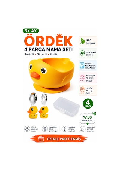 Sarı Renk Civciv Figürlü Premium Güvenli Bebek Çocuk Vakumlu Silikon Beslenme Mama Seti, 9+ Ay
