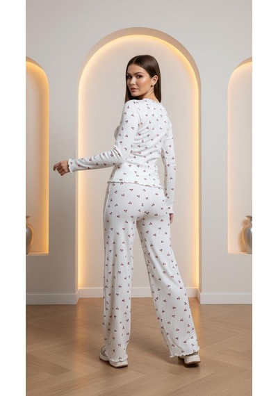 Divinus Kiraz Desenli Kaşkorse Pijama Takım Beyaz