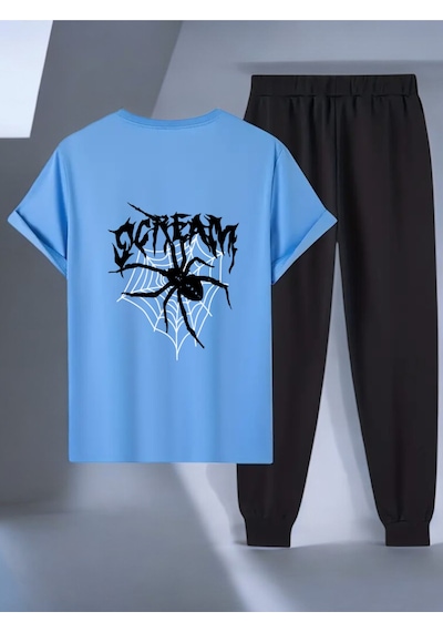 Uyguntarz Unisex Scream Siyah Tasarım Basklı Tshirt Eşofman Takımı Bebe Mavi