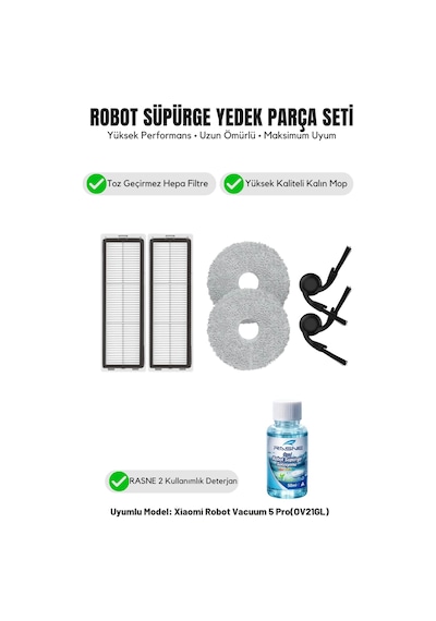 Robot Vacuum 5 Pro Ov21gl İle Uyumlu 2 Yan Fırça 2 Filtre 2 Mop 1 Deterjan 1.0