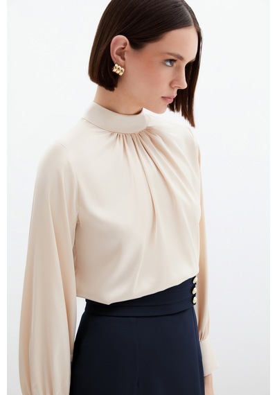 Sateen Yaka Detaylı Saten Bluz - Bej-130534 Bej