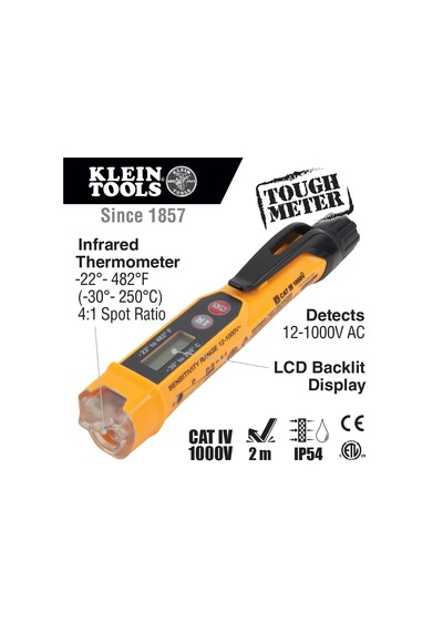 Klein Tools Ncvt-4ır Temassız Voltaj Test Cihazı, 12-1000v Ac Kalem Tipi, Kızılötesi Termometre -22