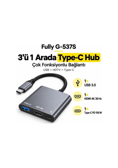 Fully 3in1 Type-c To Usb+hdtv+type-c 4k 30hz Çok Fonksiyonlu Hub