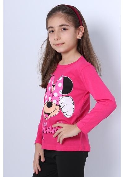Hçm Kız Çocuk Uzun Kollu Tshirt 4 Mevsim Baskılı Bisiklet Yaka C43 Fuşya
