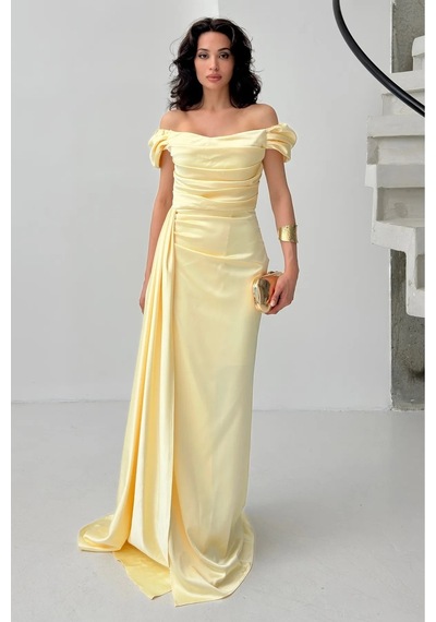 Feminist Sarı Drape Detaylı Saten Kumaş Abiye Elbise 9704858.11 Sarı