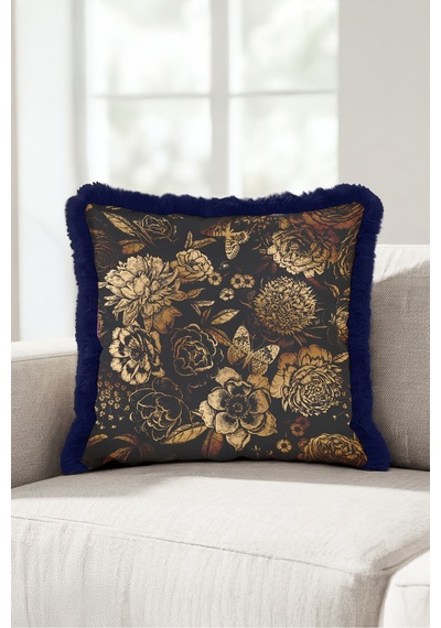 Çiçekli Vintage Floral Saçaklı Yastık Kılıfı - Botanik Lacivert Bej Lacivert Püsküllü Kırlent Kılıfı Sessiz Ufuk Mira