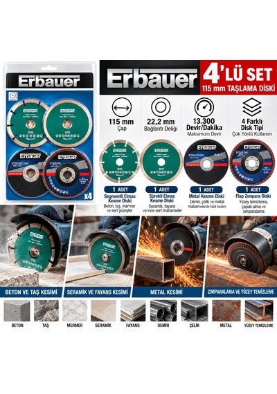 115 Mm Taşlama Diski Seti 4 Parça Elmas Kesme, Metal Kesme Ve Flap Zımpara Diskleri 22,2 Mm