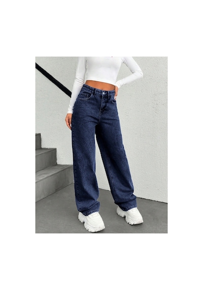 Kene Jeans Kemer Derili Tek Cep Nakışlı Lacivert Boru Paça Lacivert