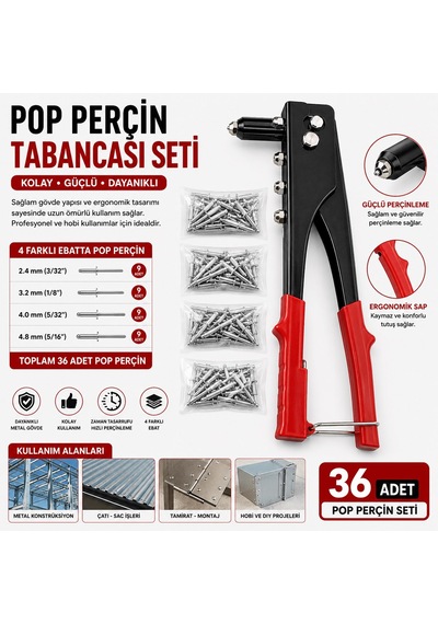 Pop Perçin Tabancası Seti 4 Farklı Ebat 36 Adet Perçinli