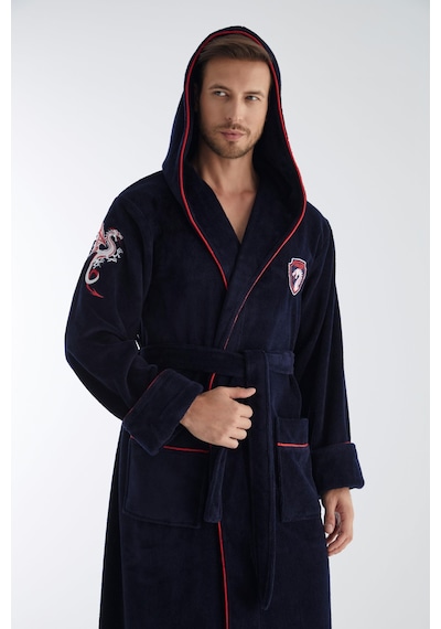 Dragon Nakış Triga Bukle Bambu Cotton Erkek Bornoz Lacivert