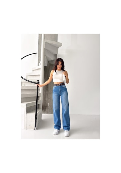 Kene Jeans Mavi İşlemli Kemerli Likralı Bol Paça Denim Pantolon Mavi İşlemli
