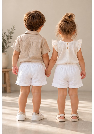 Elovias %100 Pamuk Müslin Çocuk Şort Unisex Kız Erkek Çocuk Yazlık Oversize Rahat Kalıp 1-2-3-4 Yaş Beyaz