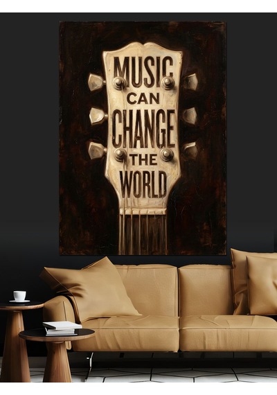 Müzik Dünyayı Değiştirir Yazılı Gitar Dekoratif Kanvas - Mdf Ahşap Tablo