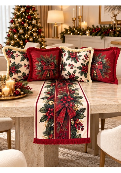 Missidea Christmas Berry 4'lü Kırlent Ve Runner Dekorasyon Seti Kırmızı