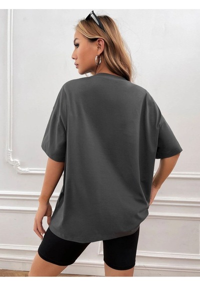 Flood Of Style Kadın Antrasit Tasmanıa Baskılı Oversize Bisiklet Yaka Tshirt Gri