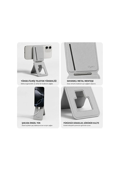 Magsafe Cüzdan Kartlık Güçlü Manyetik 360 Döner Standlı Telefon Kartlığı İphone Uyumlu Deri Cüzdan Gri-14911