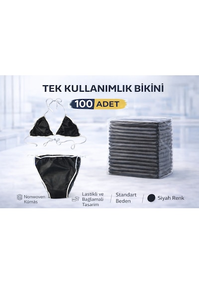 Tek Kullanımlık Bikini 100 Adet Nonwoven Kumaş Siyah Lastikli Ve Bağlamalı Standart Beden