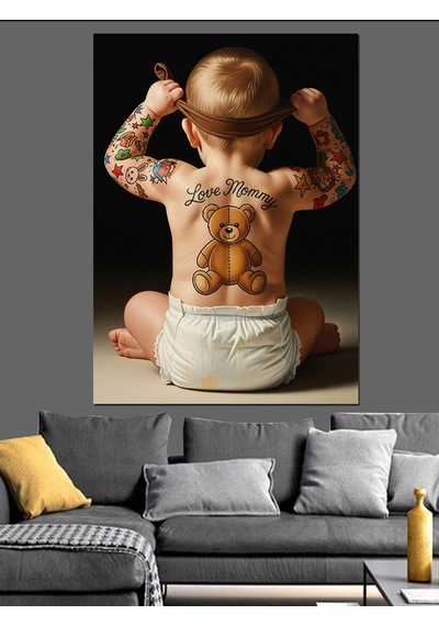 Sırtında Dövmesi Olan Bebek Dekoratif Kanvas - Mdf Ahşap Tablo