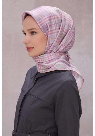 Belli Tivil Saf İpek Eşarp 4218 - 35 Lila Ekose Desen Mor