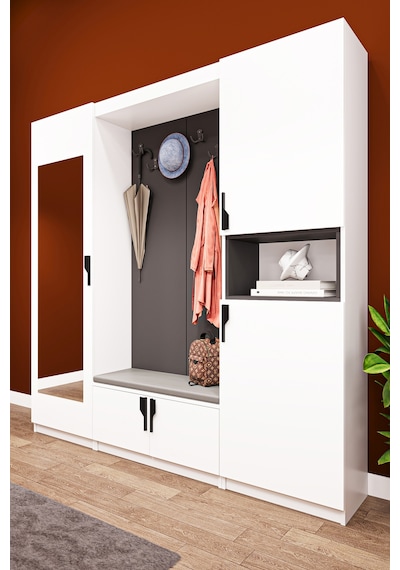 Lüks Puflu Aynalı Portmanto Askılı Vestiyer %100 Mdf Çok Raflı Modern Ayakkabılık V06 Beyaz - Antrasit Lüks Puflu Aynalı Portmanto Askılı Vestiyer %100 Mdf Çok Raflı Modern Ayakkabılık V06 Beyaz - Antrasit