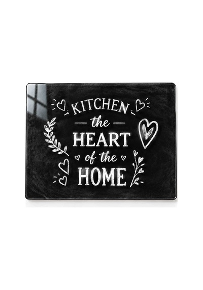 Gökçeoğlu Cam Kesme Tahtası Kitchen The Heart Of The Home Temalı Siyah- Cam Kesme Tablası 20cm X 30cm Çok Renkli