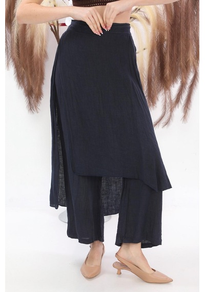 Bohem Stil İtalyan Ham Keten Pantolon Etek-8747 Lacivert