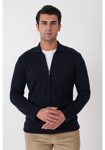 Comfort Fit Fermuarlı Torba Cepli Yünlü Lacivert Hırka Tr 896