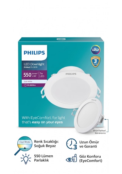 Philips Eridani 7w Kesim Yeri 100mm Dış Çapı 115mm Yükseklik 35mm Eyes Comfort 4000k Gün İşiğı