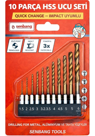 Senbang 10 Parça Hss Impact Matkap Ucu Seti 1.5 6 Mm Quick Change Altıgen Sap Metal Ahşap Alüminyum