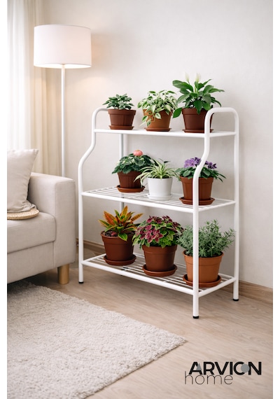 Modern Beyaz 3 Katlı Metal Mutfak Ve Dekoratif Saksılık Çiçeklik Dayanıklı Raflı Stand-organizer Beyaz