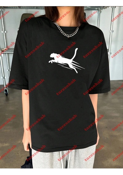 Tarzsokak Unisex Jaguar Baskılı Tshirt Beyaz Siyah