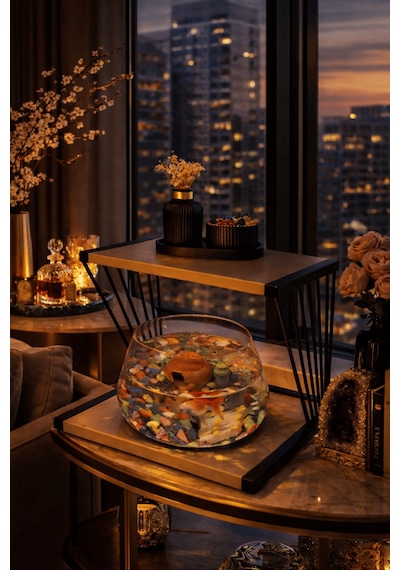 Reyo Ok-ay Store Exclusive Işıklı Beta Akvaryum Ve Fanus Modern Tasarım Led Aydınlatmalı Modern Temalı Fanus Siyah-ceviz