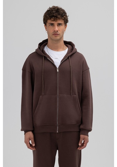 Vamos Basic Fermuarlı Oversize Kapüşonlu Sweatshirt Kahve