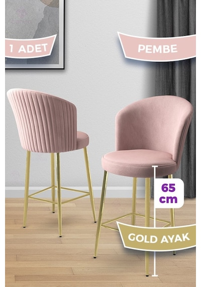 Canisa Alte Serisi 1 Adet Babyface Kumaş 65 Cm Gold Kaplama Ayaklı Pembe Bar Sandalyesi Pembe Sandalye Gold Kaplama Ayak