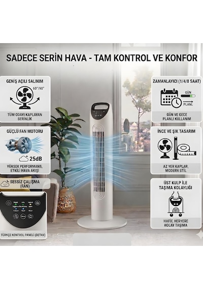 Smayling Kule Tipi Vantilatör, Uzaktan Kumandalı, 3 Kademeli Hız Ayarı, 7.5 Saat Zamanlayıcı, Salınımlı Sessiz