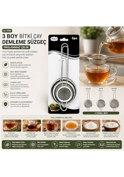 Lunaev 3 Parça Set Mini - 5 - 7 - 8 Cm Tel Süzgeç Metal Çerçece Metal Sap - 8.5 - 10.5 - 10.5 Cm 50 x 22