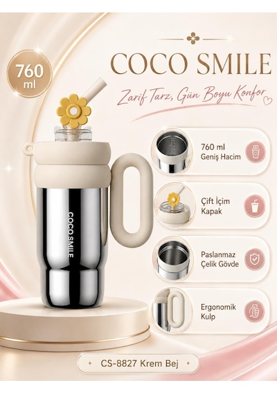 Cocosmile Cs-8827 Krem Bej 760 Ml Çift İçim Paslanmaz Çelik Termos Mug Matara Askılı