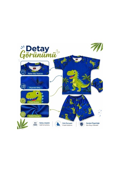 Rony Pony Kids Erkek Çocuk Dinozor Desenli Mayo Takımı 3 Parça Uv Korumalı Tişört Şort Bone Mavi Yeşil Rony Pony Kids Erkek Çocuk Dinozor Desenli Mayo Takımı 3 Parça Uv Korumalı Tişört Şort Bone Mavi Yeşil