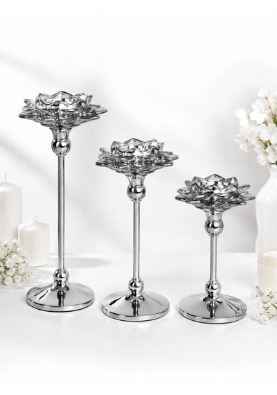 Chacha Home 3'lü Metal Ayaklı Lotus Kristal Cam Şamdan Mumluk Seti 29 Cm - 24 Cm - 19 Cm - Dekoratif Nilüfer Çiçeği Mum Standı Gümüş