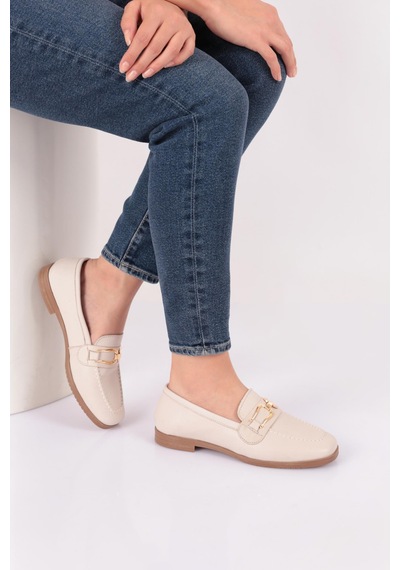 Dgn 08 Kadin Tokali Loafer Ayakkabi Krem