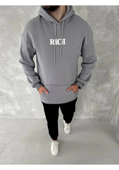 Barlashive Erkek 3 İplik Pamuklu Kapüşonlu Kanguru Cepli Baskılı Oversize Hoodie Sweatshirt - Gri Çok Renkli
