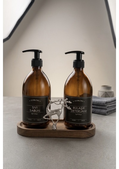 Amber Şişe Sabunluk Cam İkili Sıvı Sabun-bulaşık Deterjanı Mutfak Düzenleyici Lüks Gümüş Geyik Ahşap Stand 500ml