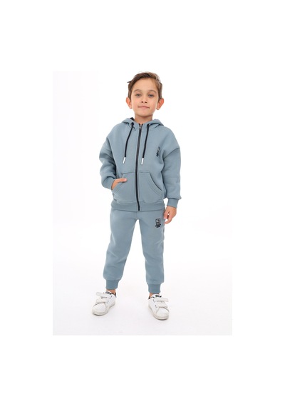 Toontoy Kids Toontoy Erkek Çocuk 2'li Takım Baskılı Kapüşonlu Fermuarlı Cepli Sweatshirt & Beli Paçası Lastikli Jogger Eşofman Altı - 3 İplik Şardonlu Mint