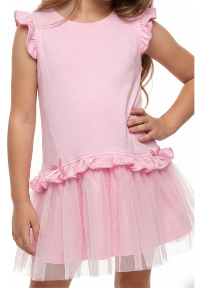 Toontoy Kids Toontoy Kız Çocuk Regular Fit Bisiklet Yaka Fırfır Kol Fiyonk Detaylı Tüllü Elbise 25047 Pembe