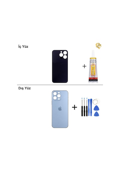 Apple Uyumlu iPhone 13 Pro Mavi Arka Kapak Arka Cam Batarya Kapağı Lazer Kesim Kapak Pil Kapağı + B-7000 Yapıştırıcı + Tamir Seti