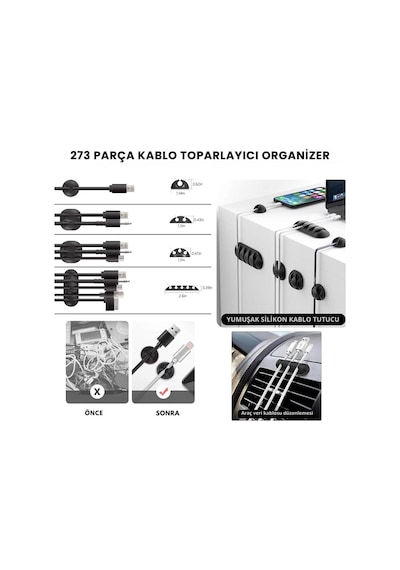Coofbe Profesyonel 273 Parça Kablo Organizatör Masa Kablo Tutucu Kablo Sarıcı Kablo Tutucu Koruyucu 25cm-300lü