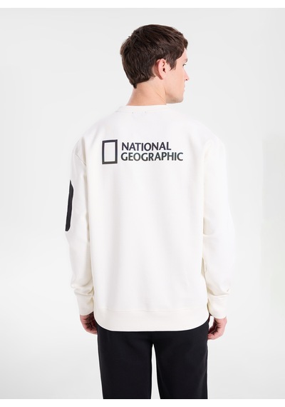 National Geographic N6wm-swt4150 Krem Erkek Bisiklet Yaka Baskılı Relaxed Triko Sweatshirt