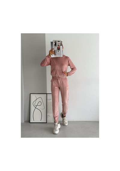 Winmoda34 Kadife Eşofman Takımı Kapişonlu Fransız Kadife Yumoş Toz-pembe